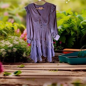 Anthropologie Women Purple Tiered Ruffle Mini Dress Boho Sz S